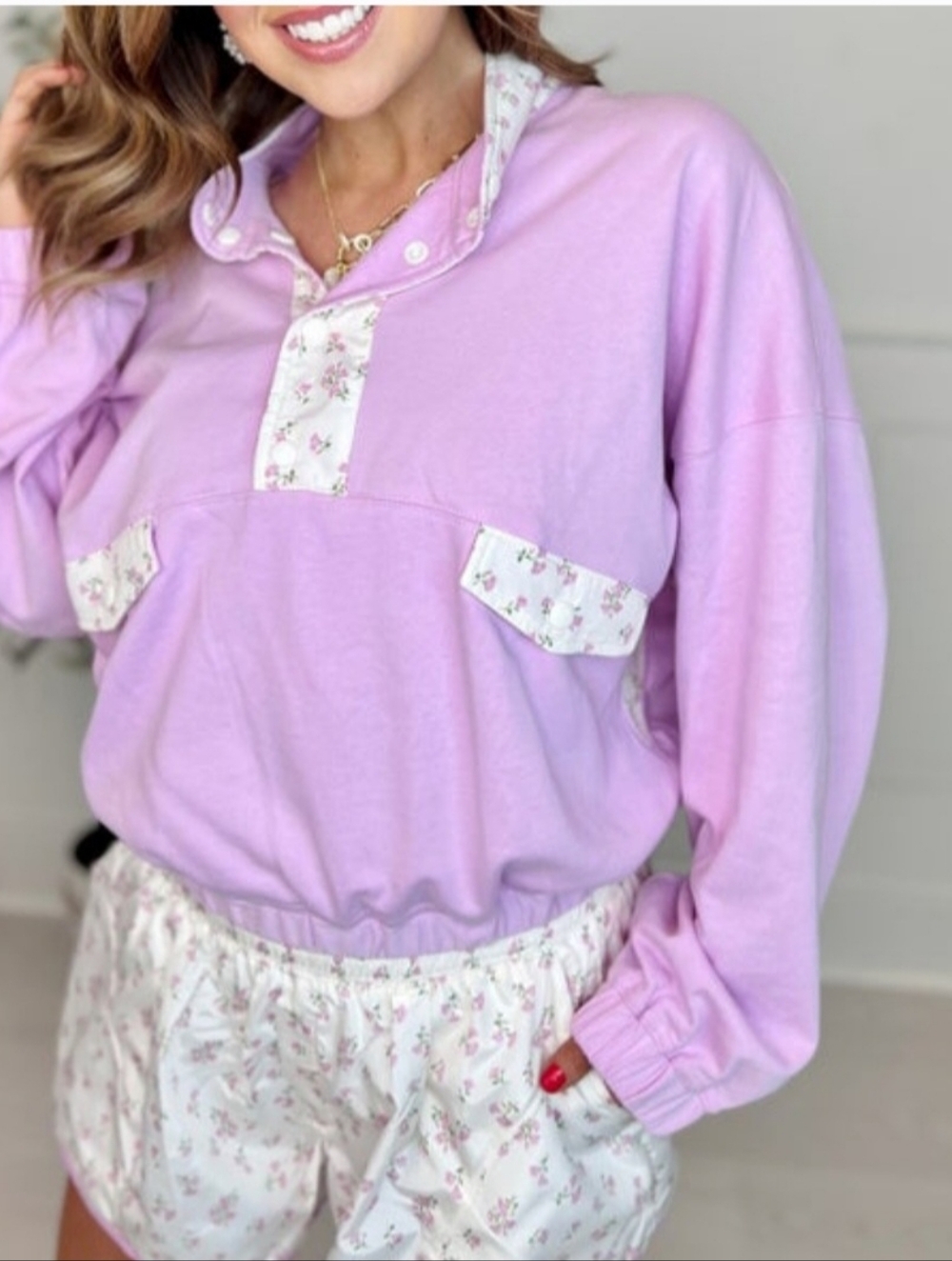 PEACH LOVE Lilac Flower Print Semi-Button Up Sweatshirt